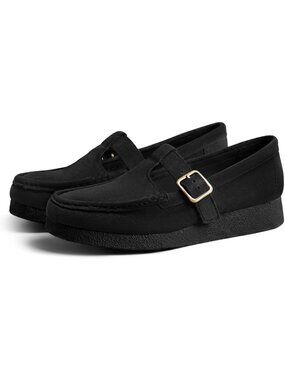 Women's Suede Black T-Strap Platform Loafers Chunky Mary Jane Slip On Flat Shoes